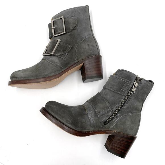 Frye Sabrina Boots Charcoal Gray Suede‎ Double Buckle Ankle Sz 6 Women's - Picture 6 of 10